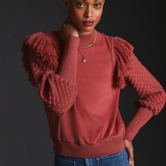 ANTHROPOLOGIE DOLAN Fringed Sweater Cocoa Red Brown Women’s Size Small - Picture 1 of 8